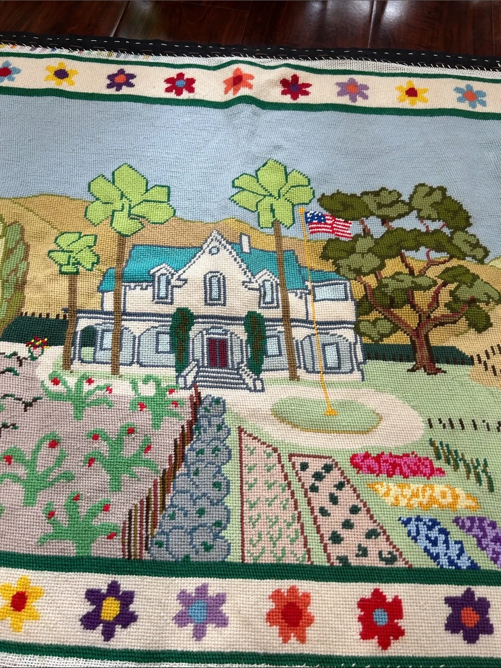 Vintage Handcrafted Needlepoint Tapestry – Country Estate & Garden Scene